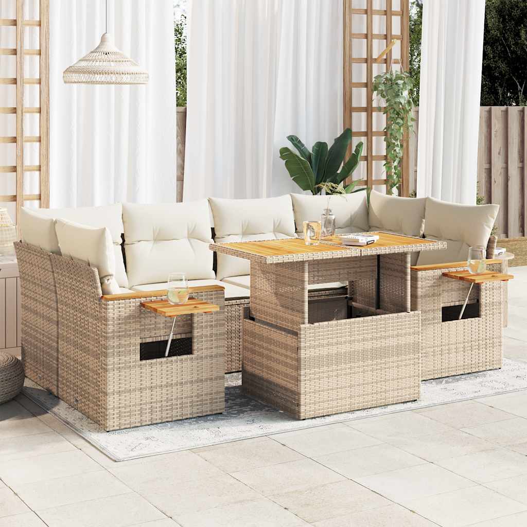 7-delige Loungeset met kussens poly rattan acacia beige – afbeelding 1