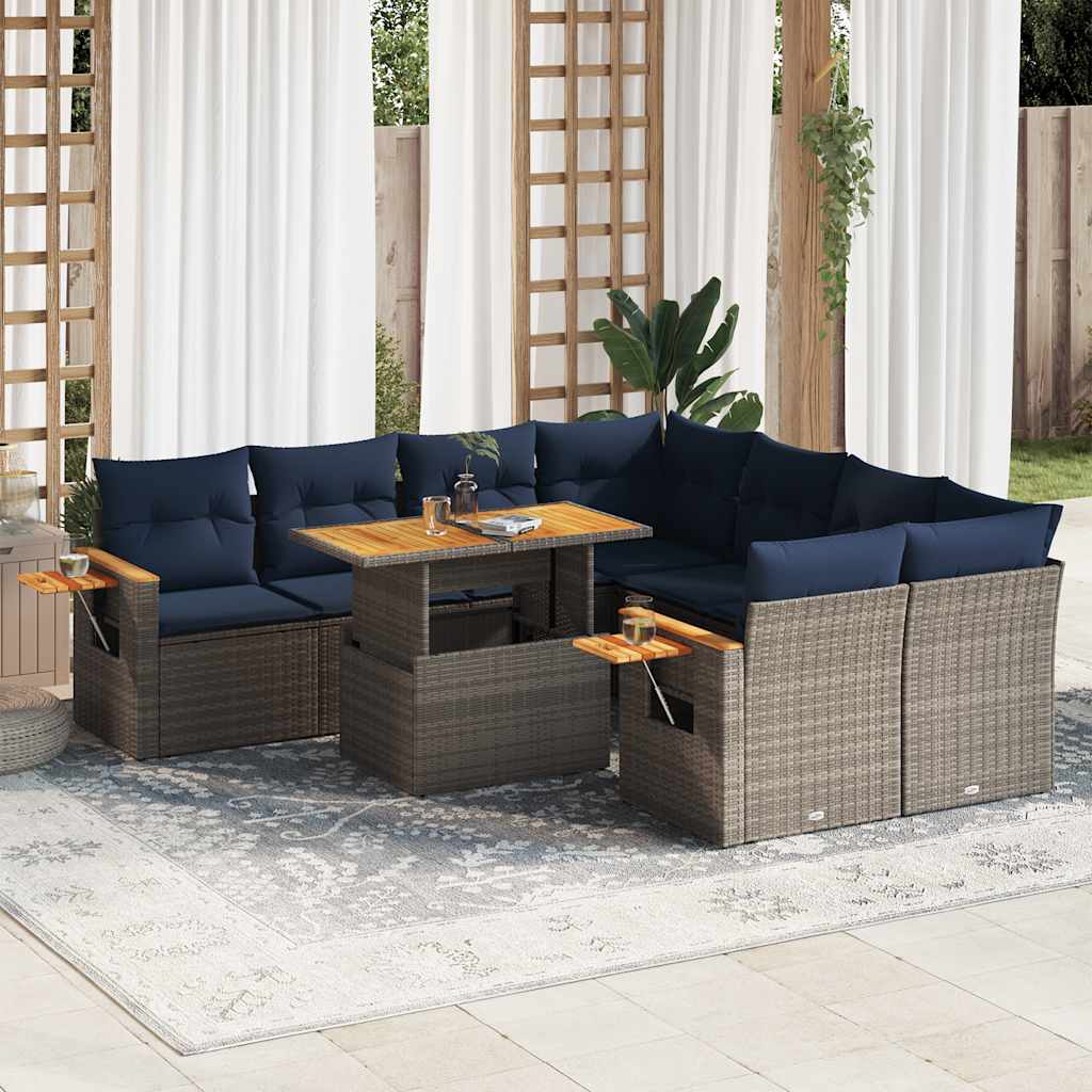 9-delige Loungeset met kussens poly rattan grijs – afbeelding 1