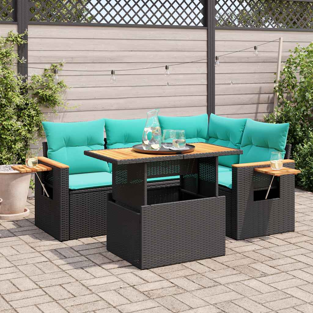 5-delige Loungeset met kussens poly rattan acacia zwart – afbeelding 1
