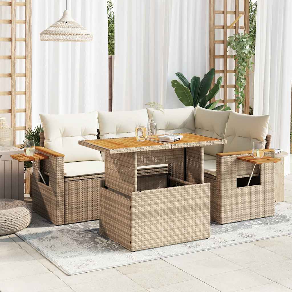 5-delige Loungeset met kussens poly rattan en acaciahout beige – afbeelding 1