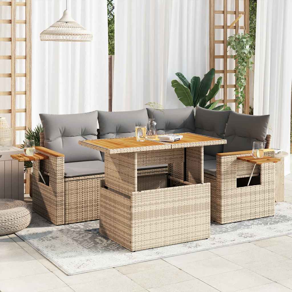 5-delige Loungeset met kussens poly rattan en acaciahout beige