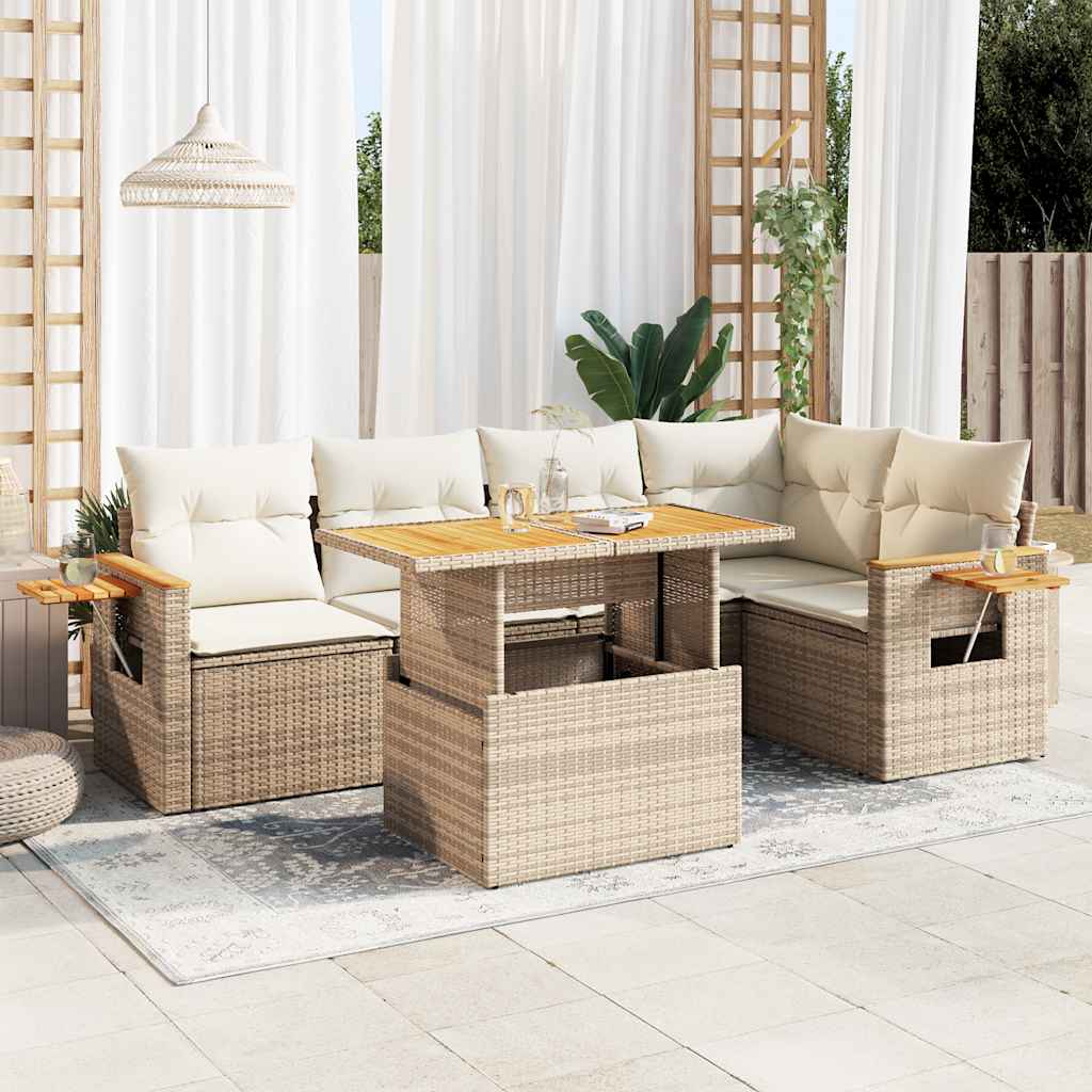 6-delige Loungeset met kussens poly rattan acacia beige