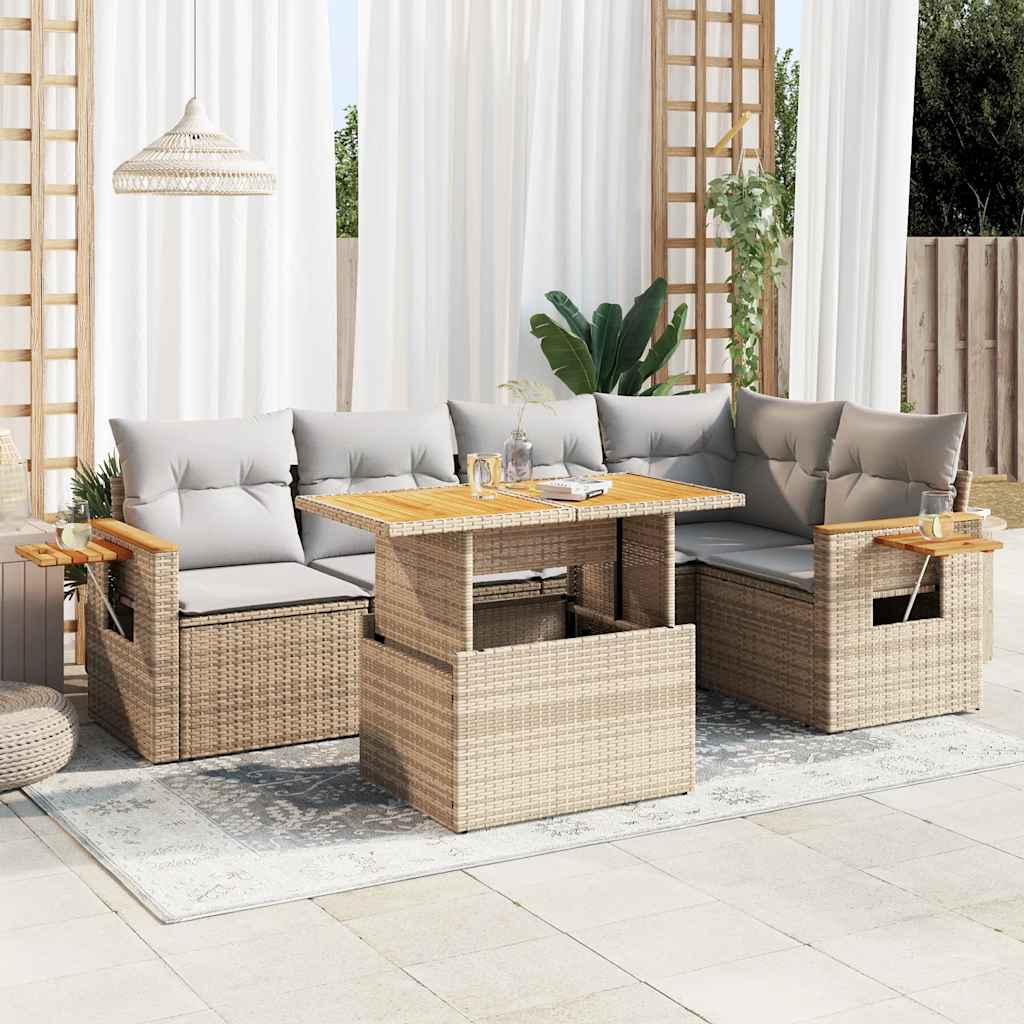 6-delige Loungeset met kussens poly rattan acacia beige – afbeelding 1