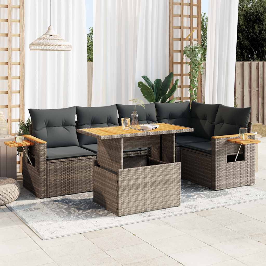 6-delige Loungeset met kussens poly rattan acacia grijs – afbeelding 1