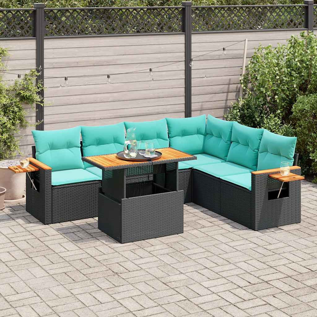 7-delige Loungeset met kussens poly rattan acacia zwart – afbeelding 1