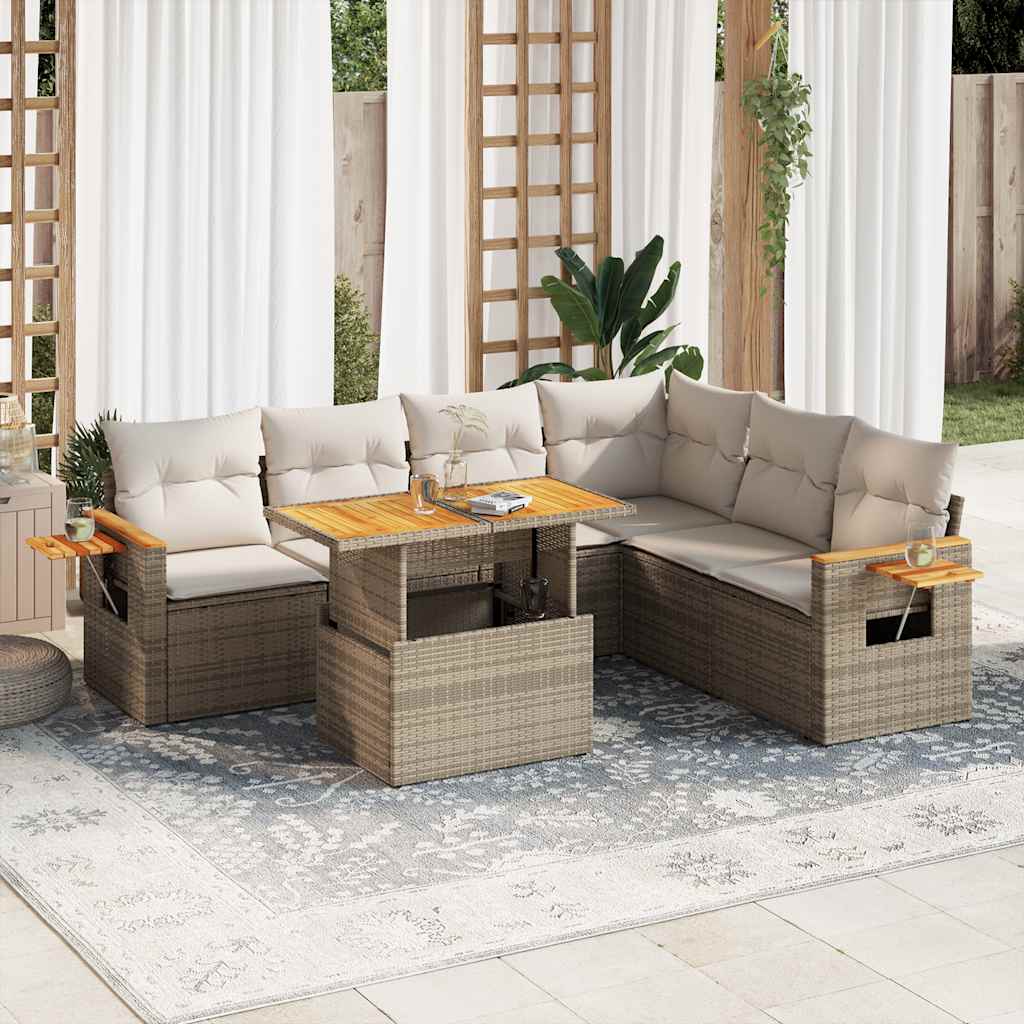 7-delige Loungeset met kussens poly rattan acacia beige – afbeelding 1