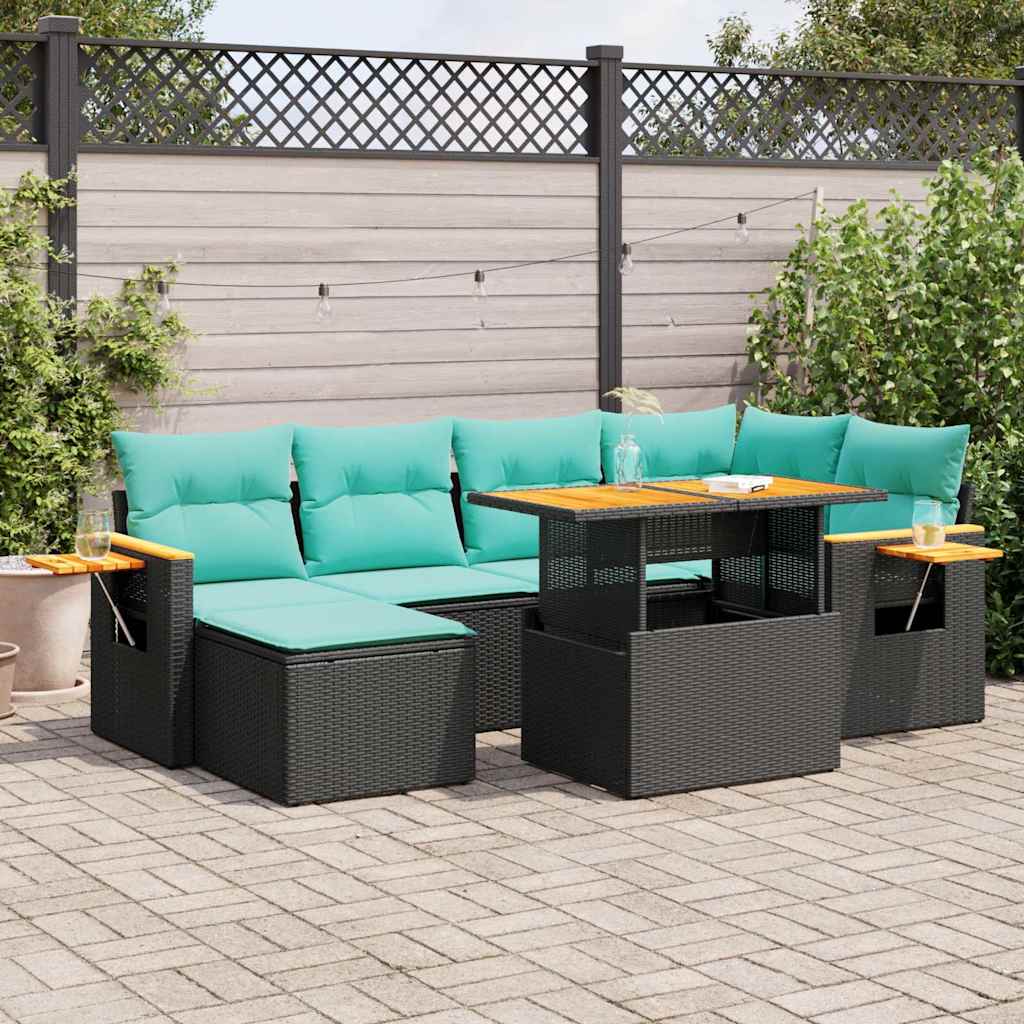 7-delige Loungeset met kussens poly rattan acacia bruin – afbeelding 1