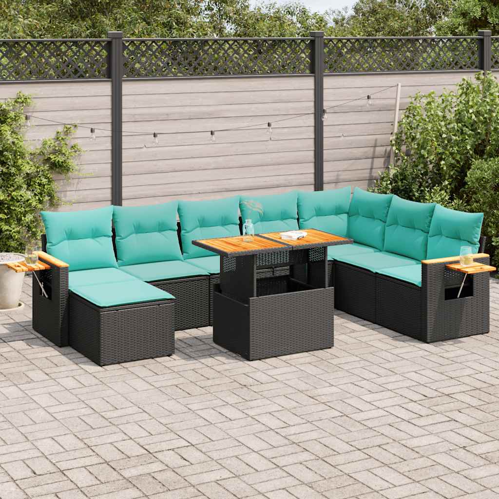 10-delige Loungeset met kussens poly rattan acacia zwart – afbeelding 1