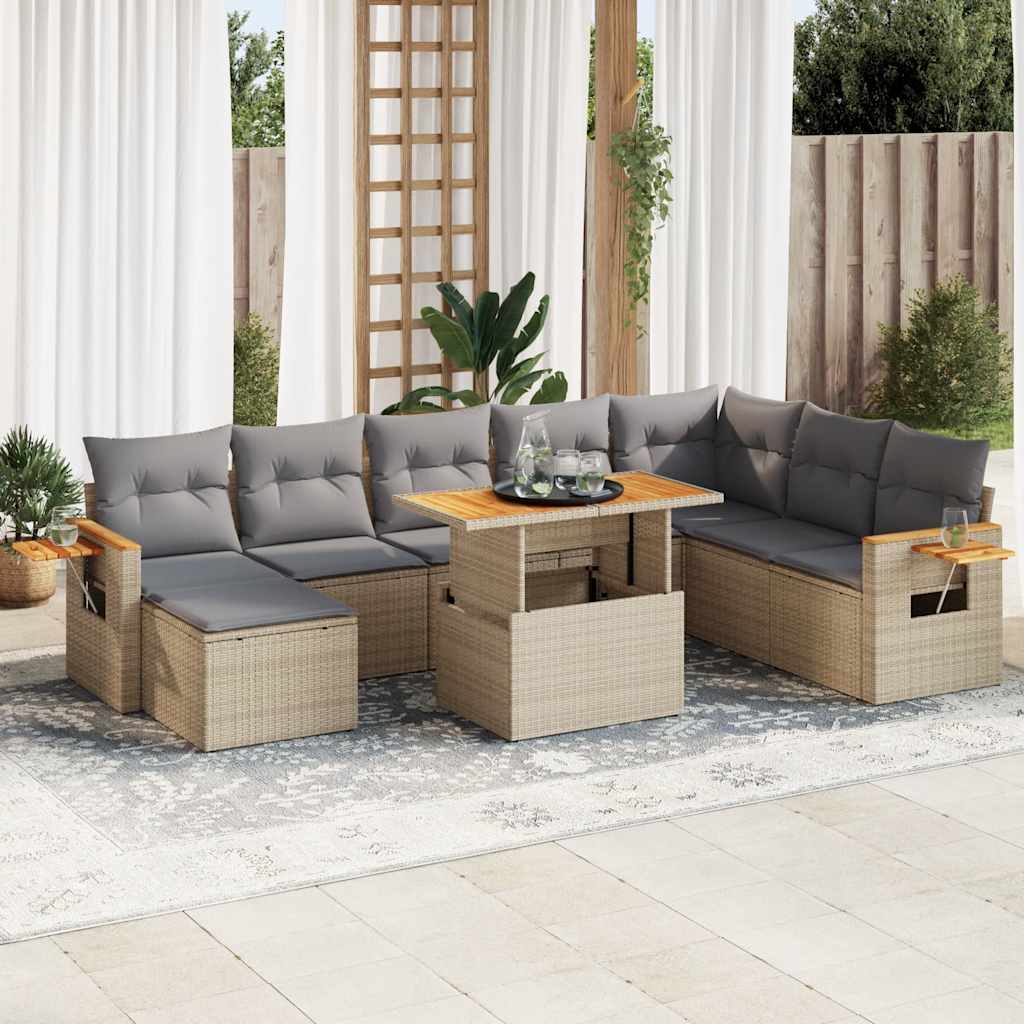9-delige Loungeset met kussens poly rattan acacia beige – afbeelding 1