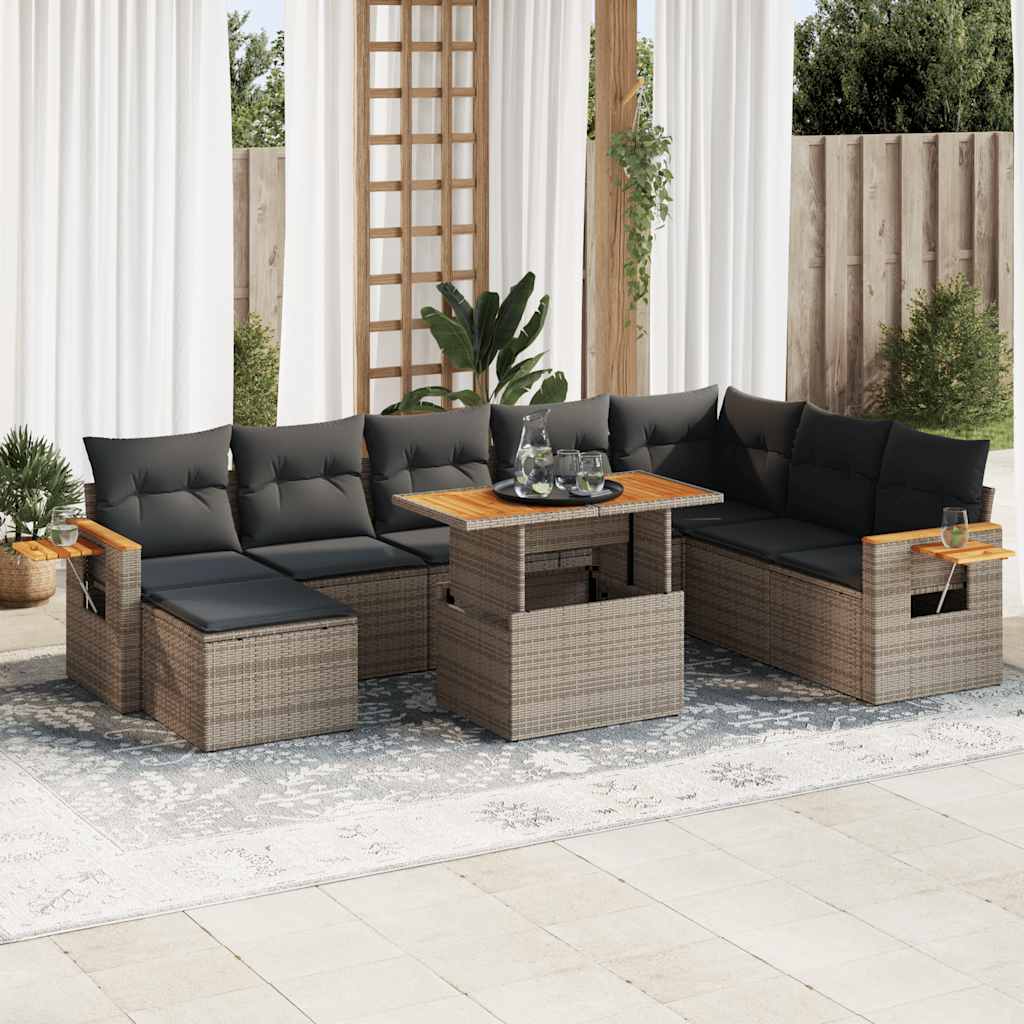 9-delige Loungeset met kussens poly rattan acacia grijs – afbeelding 1