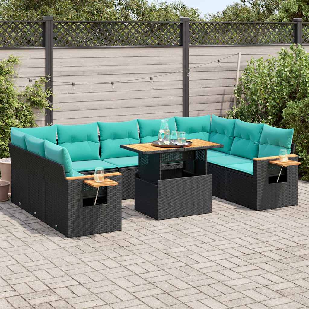10-delige Loungeset met kussens poly rattan acacia zwart – afbeelding 1