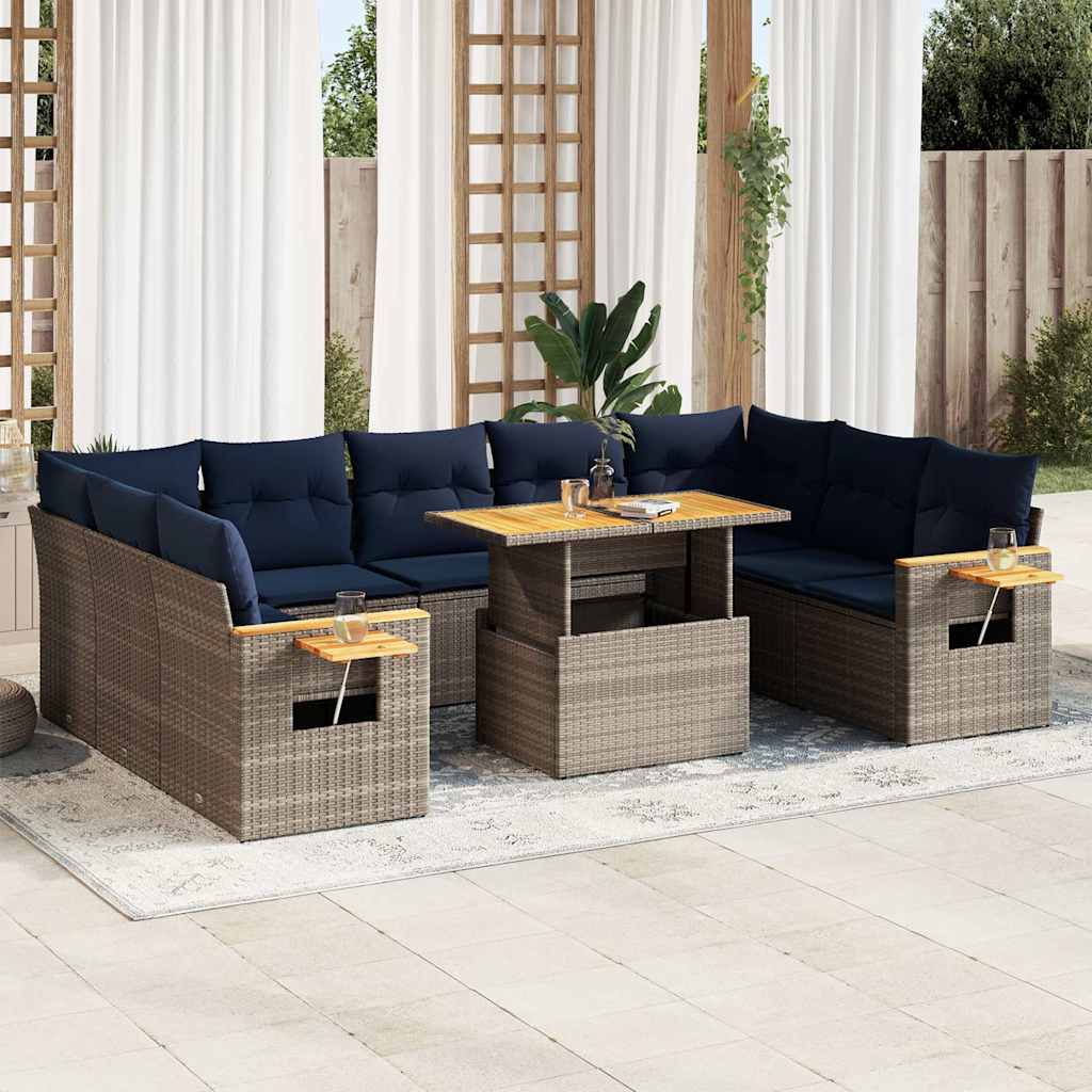 10-delige Loungeset met kussens poly rattan acacia grijs – afbeelding 1