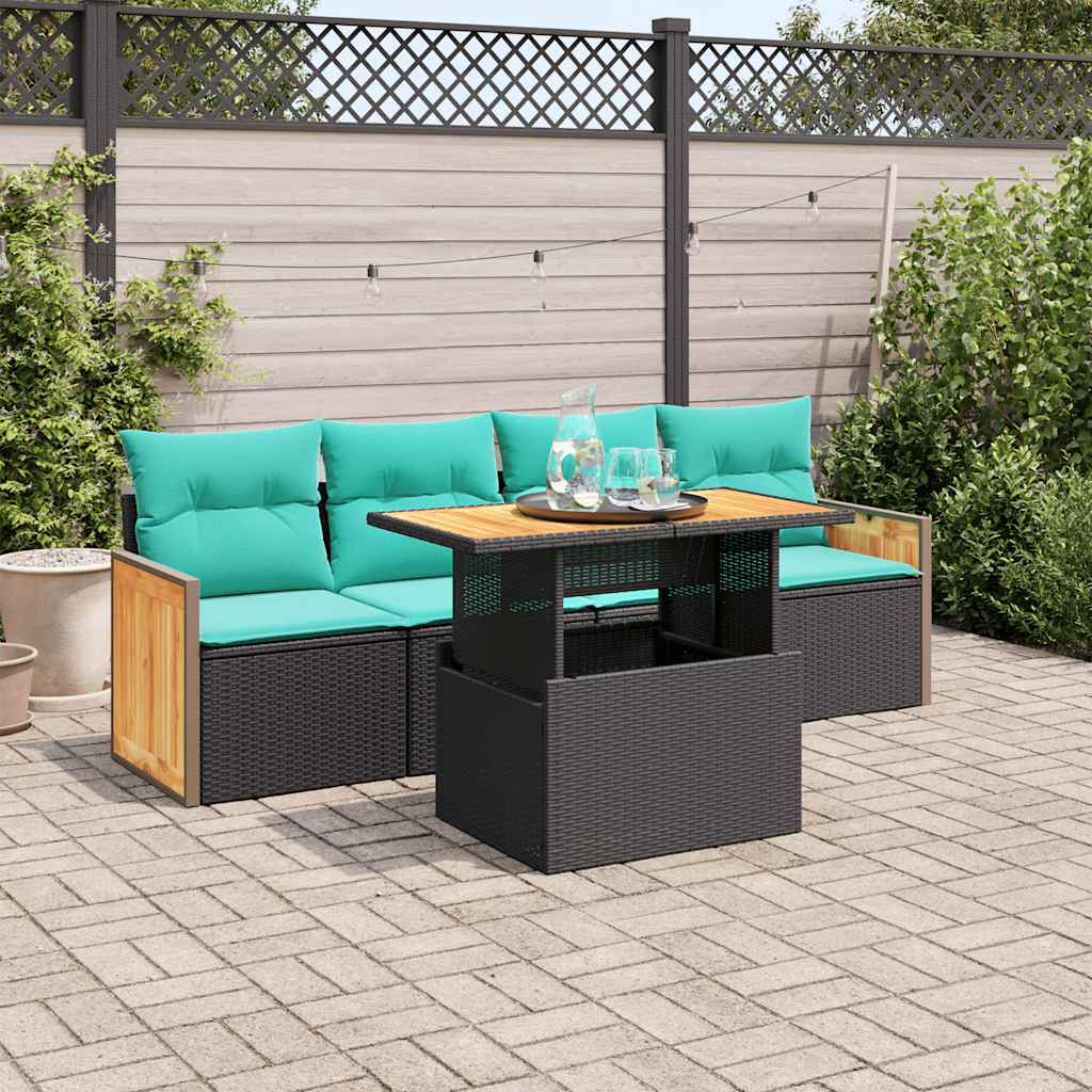 5-delige Loungeset met kussens poly rattan acacia zwart – afbeelding 1