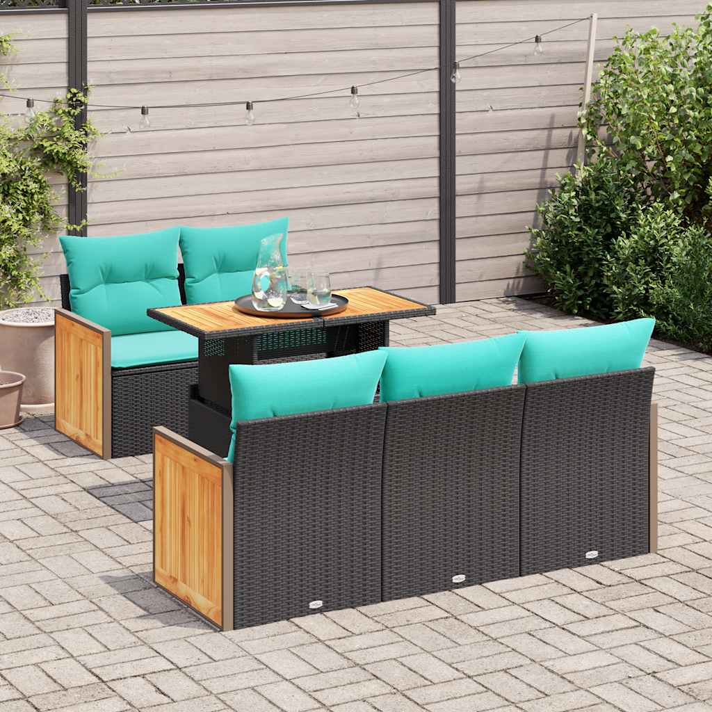 6-delige tuinbankset met kussens, zwart polyrotan en acacia – afbeelding 1