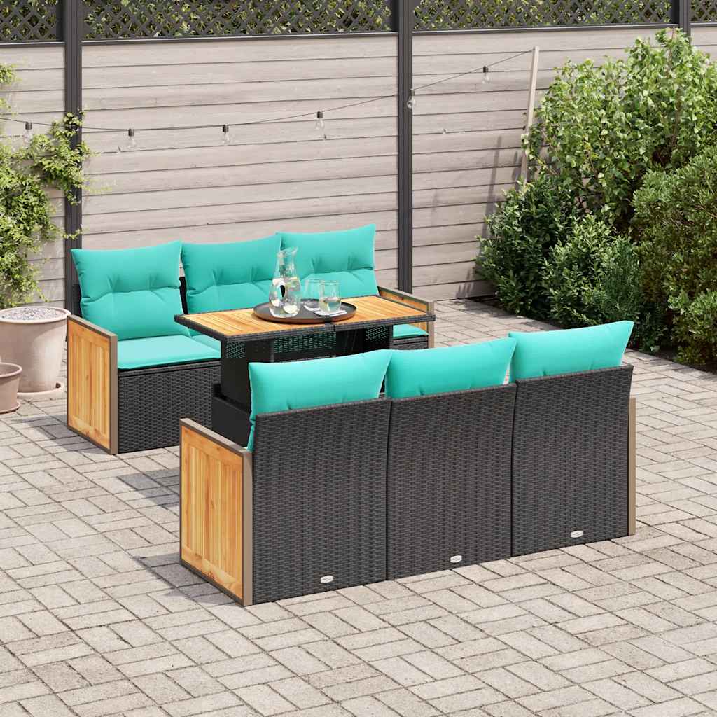 7-delige Loungeset met kussens poly rattan acacia zwart – afbeelding 1
