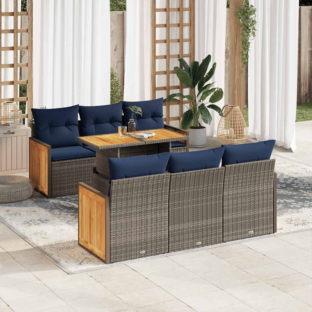 7-delige Loungeset met kussens poly rattan acacia grijs – afbeelding 1