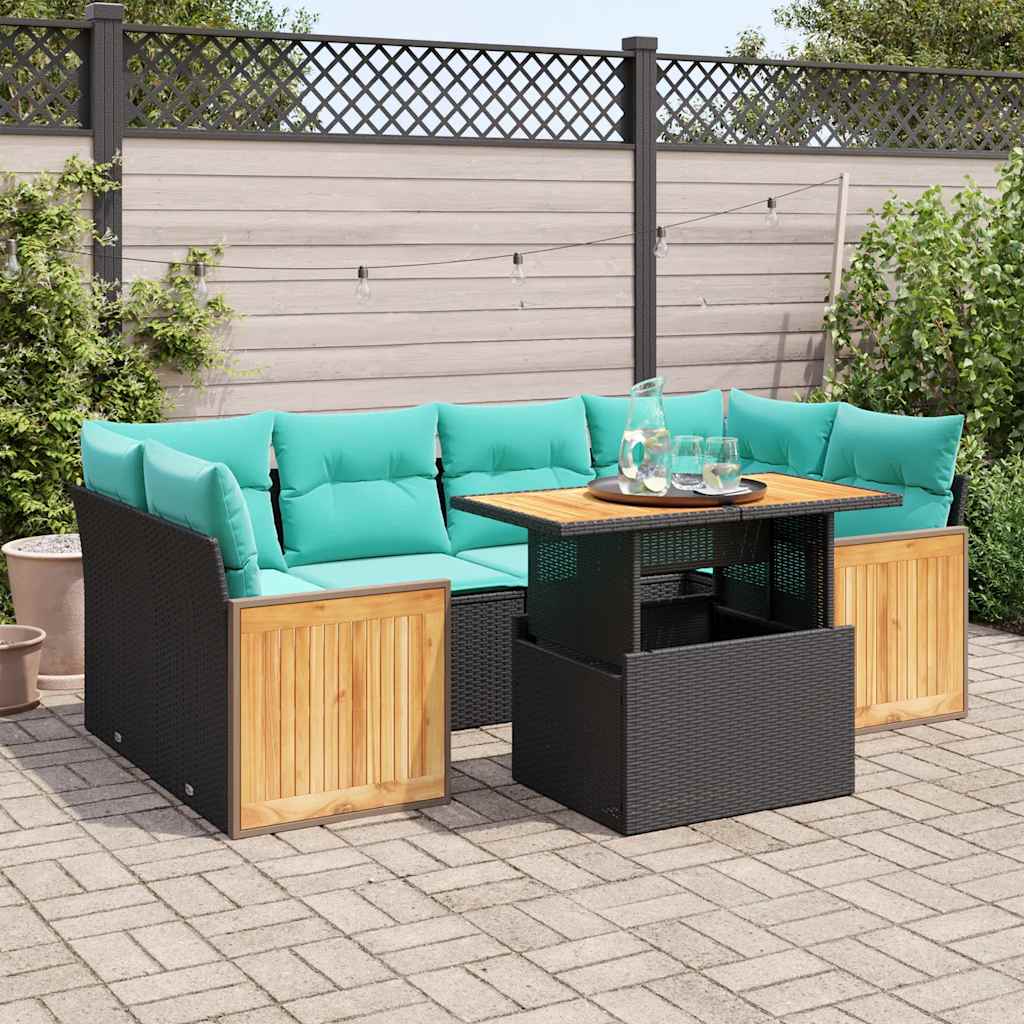 7-delige Loungeset met kussens poly rattan acacia zwart – afbeelding 1