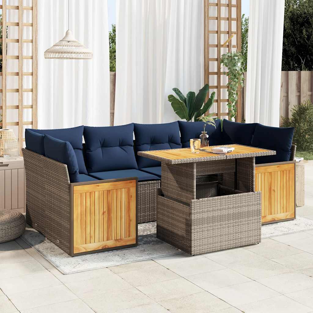 7-delige Loungeset met kussens poly rattan acacia grijs – afbeelding 1