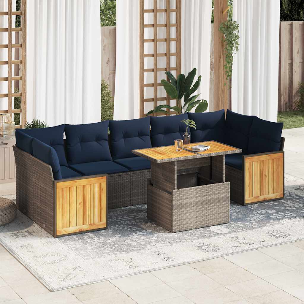 8-delige Loungeset met kussens poly rattan acacia grijs – afbeelding 1