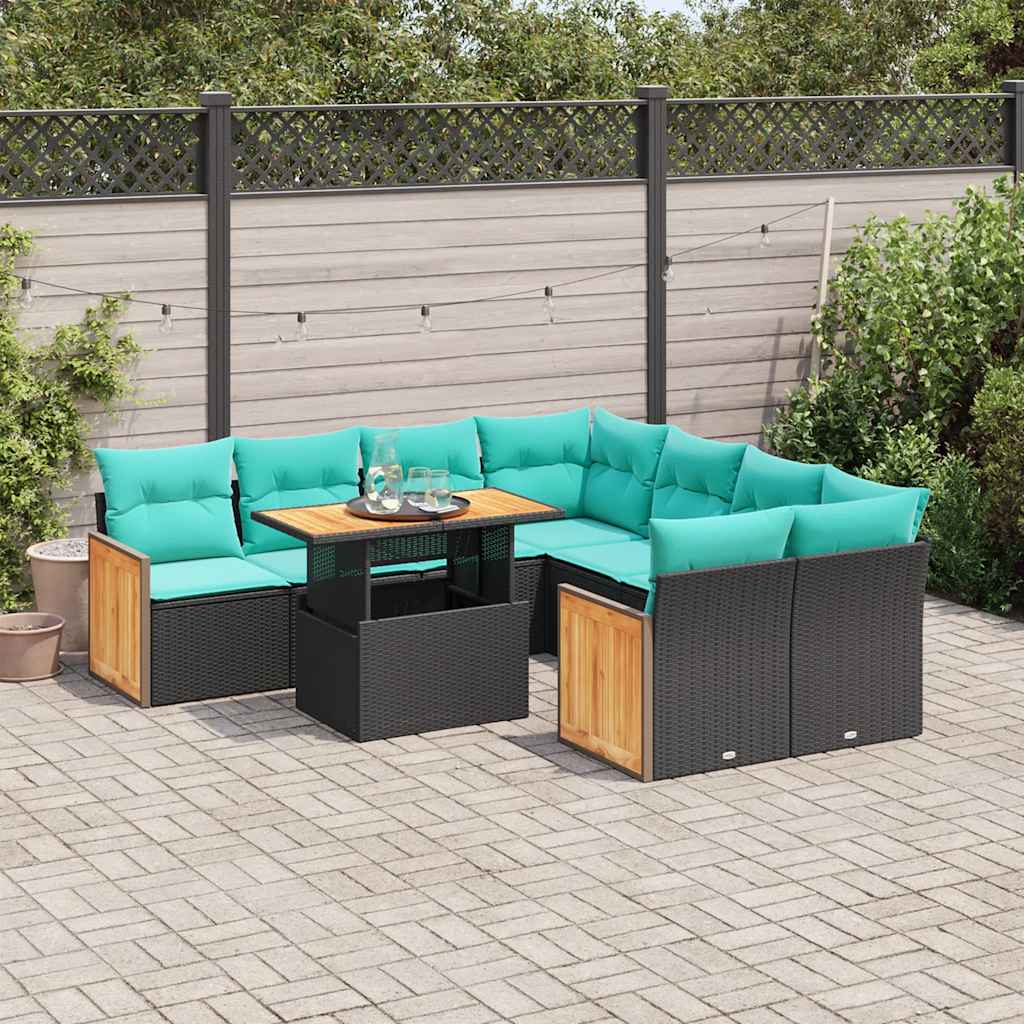 9-delige Loungeset met kussens poly rattan acacia zwart – afbeelding 1