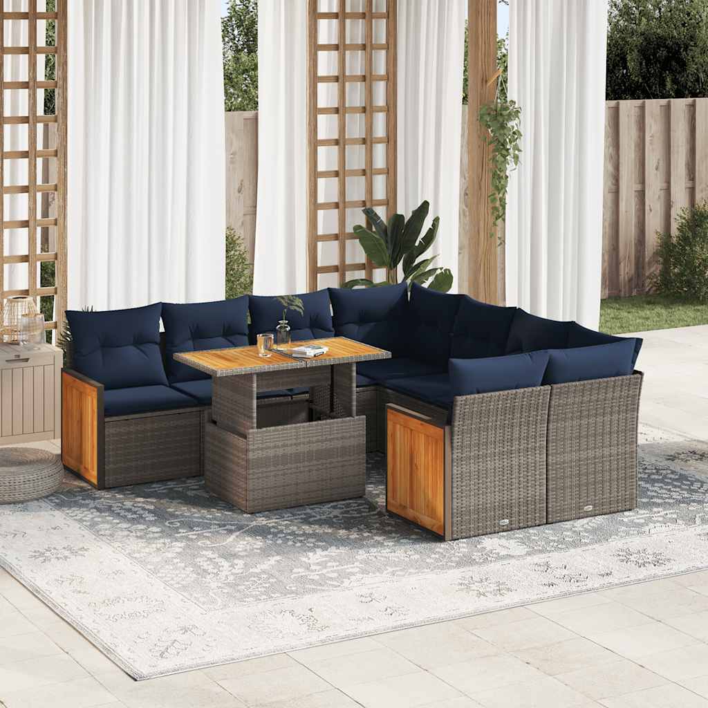9-delige Loungeset met kussens poly rattan acacia grijs – afbeelding 1