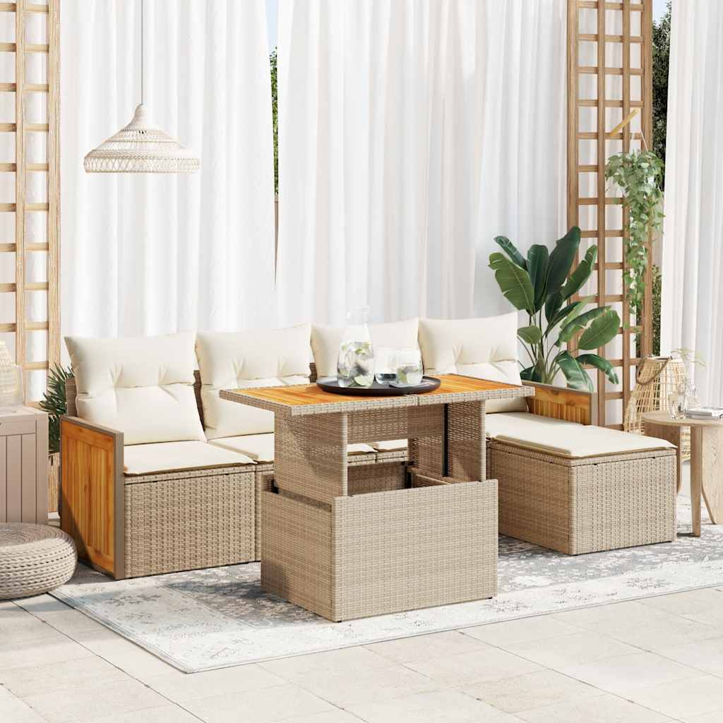 6-delige Loungeset met kussens poly rattan acacia beige – afbeelding 1