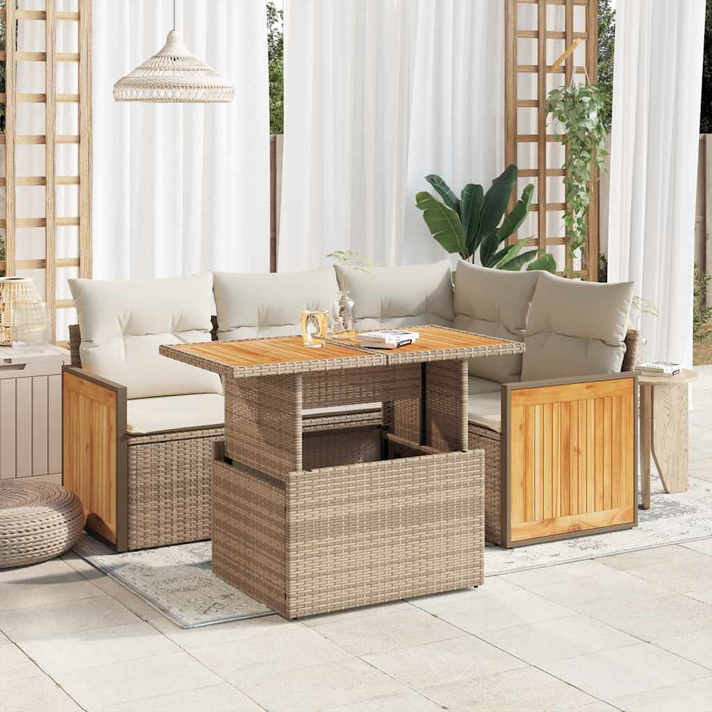 5-delige Loungeset met kussens poly rattan en acaciahout beige – afbeelding 1
