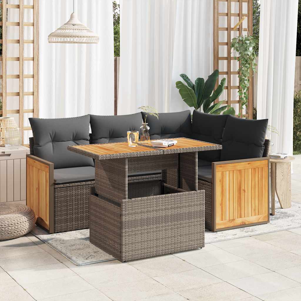 5-delige Loungeset met kussens poly rattan acacia grijs – afbeelding 1