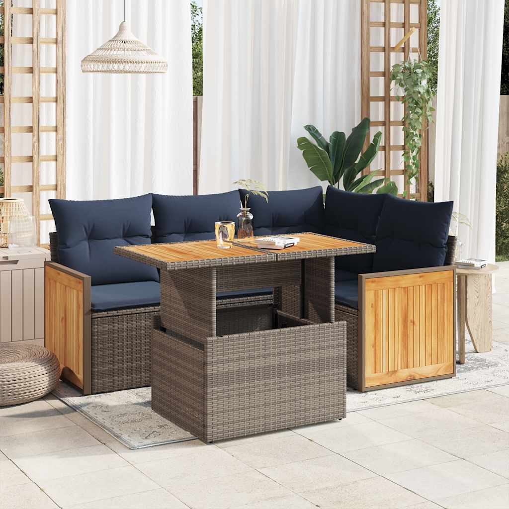 5-delige Loungeset met kussens poly rattan acacia grijs – afbeelding 1
