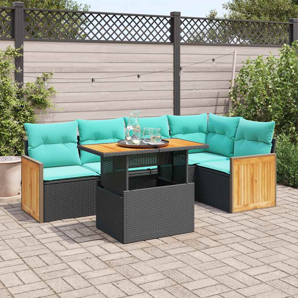 6-delige Loungeset met kussens poly rattan acacia zwart – afbeelding 1