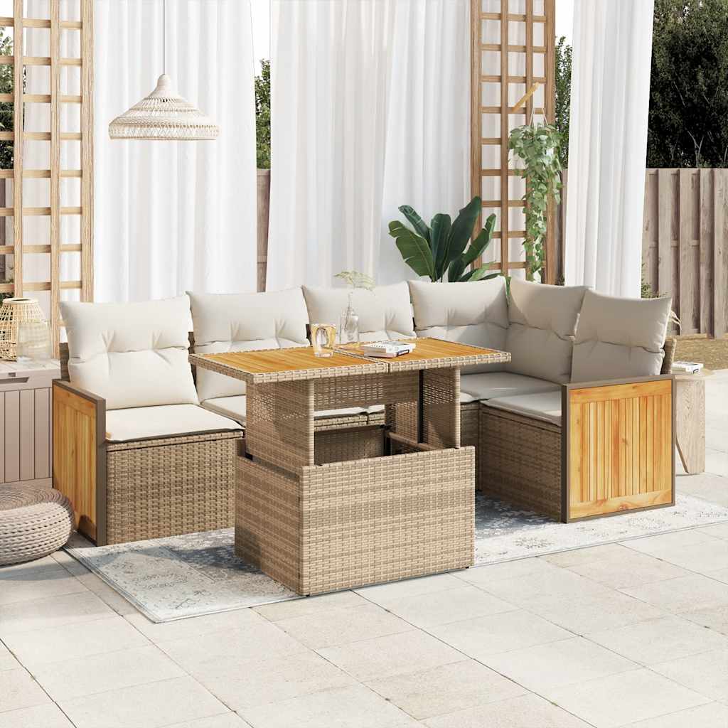 6-delige Loungeset met kussens poly rattan acacia beige – afbeelding 1