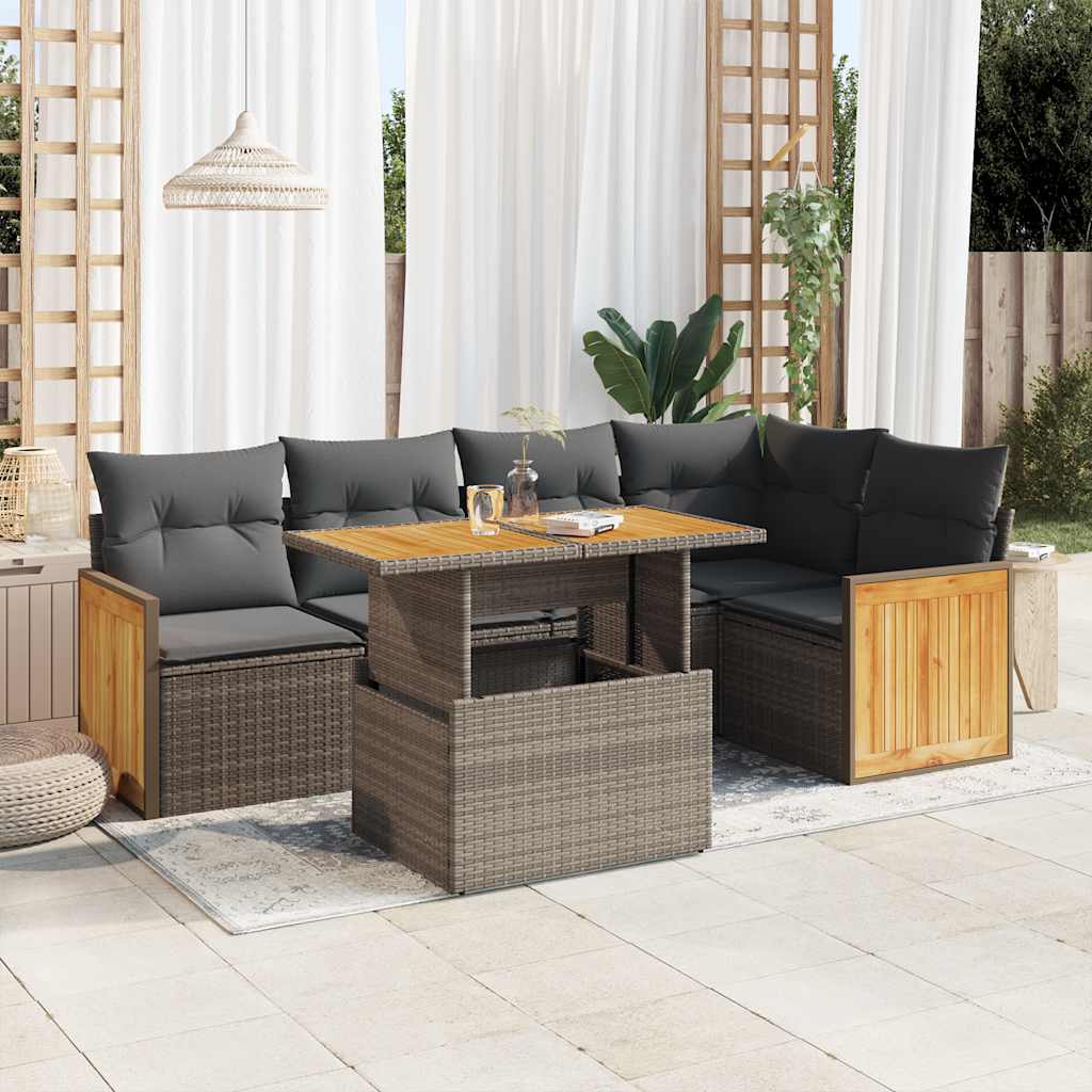 6-delige Loungeset met kussens poly rattan acacia grijs – afbeelding 1