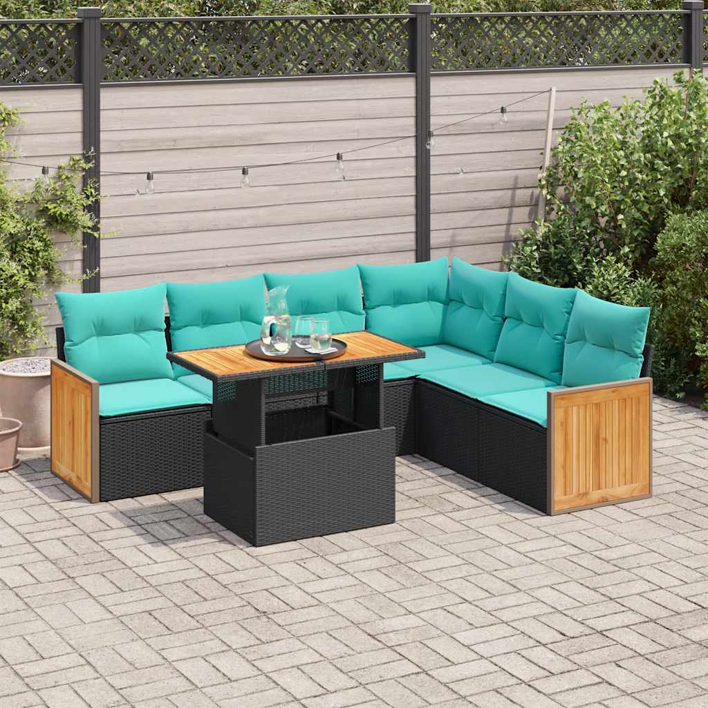 7-delige Loungeset met kussens poly rattan acacia zwart – afbeelding 1