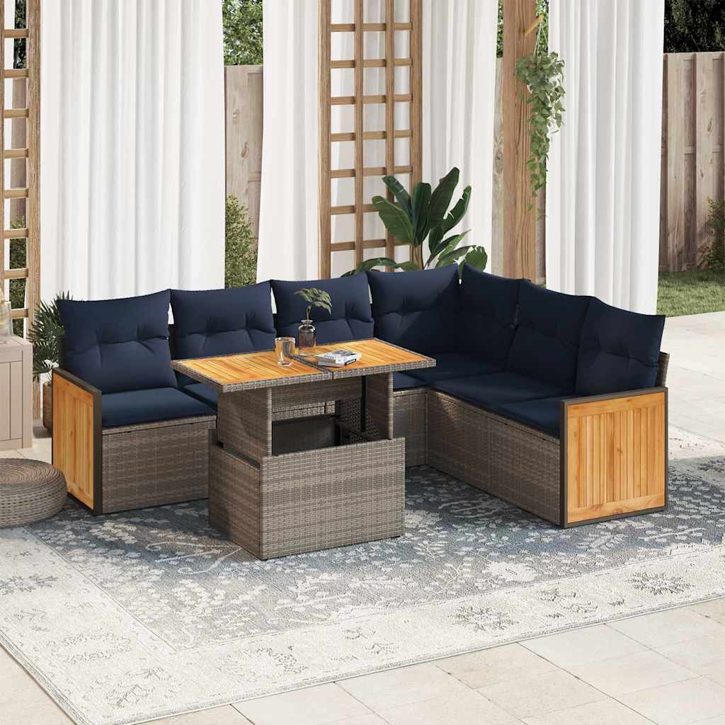 7-delige Loungeset met kussens poly rattan acacia grijs – afbeelding 1