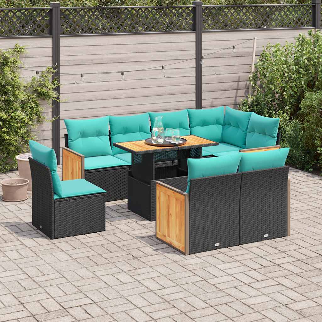9-delige Loungeset met kussens poly rattan acacia zwart – afbeelding 1
