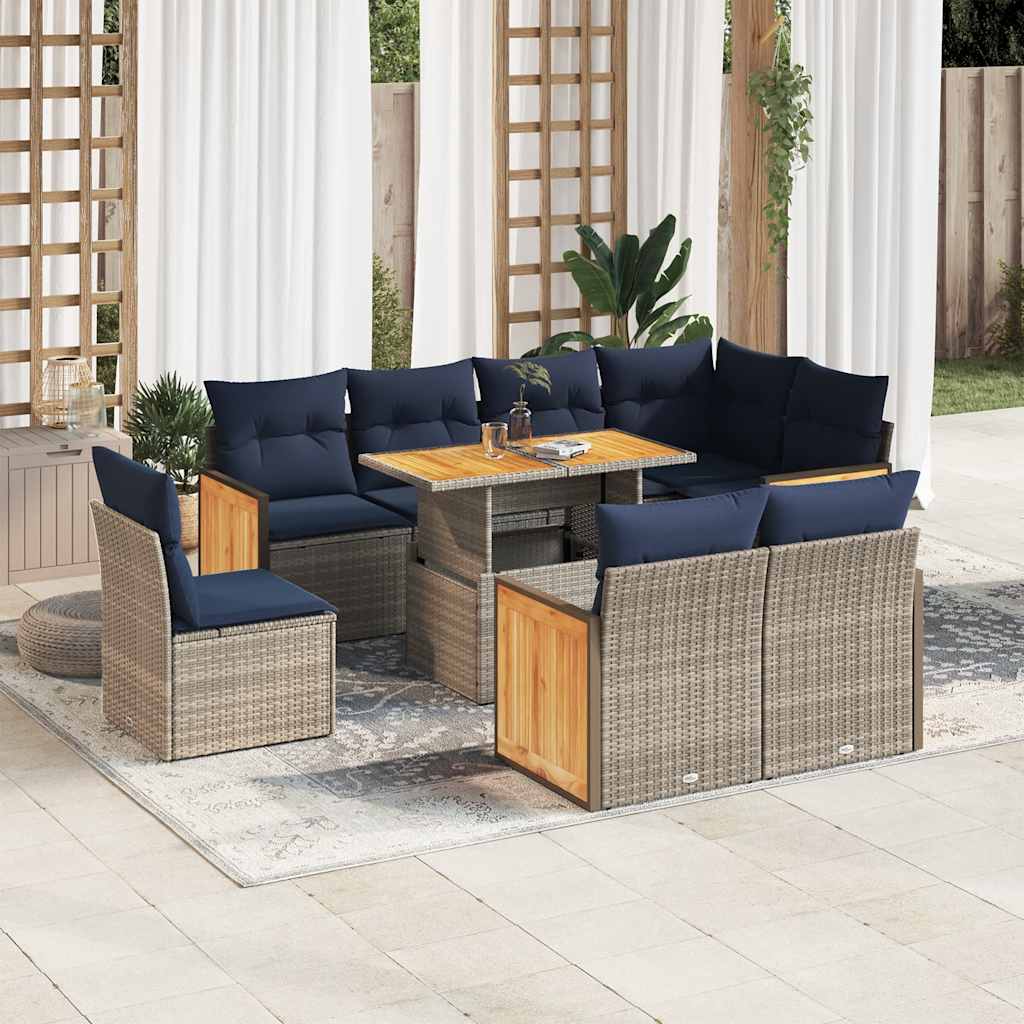 9-delige Loungeset met kussens poly rattan acacia grijs – afbeelding 1