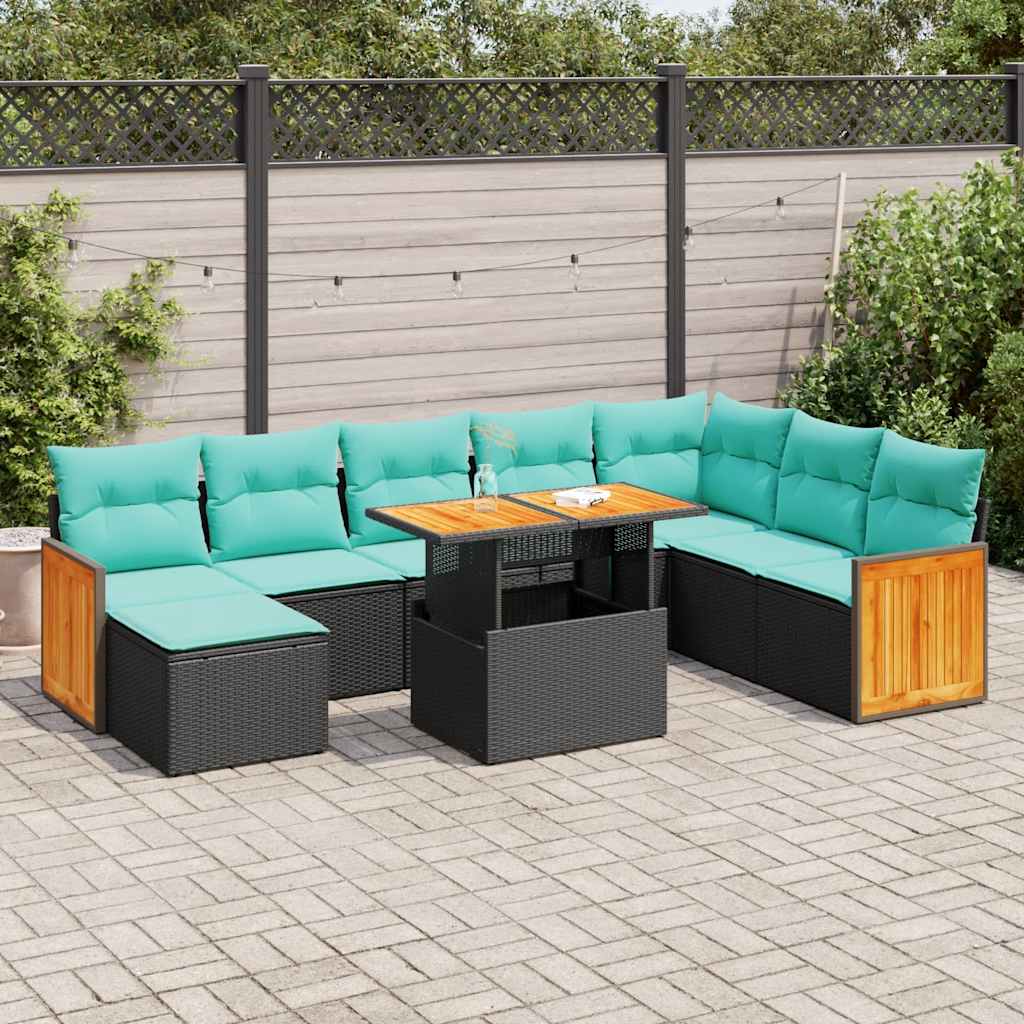 11-delige Loungeset met kussens poly rattan acacia zwart – afbeelding 1