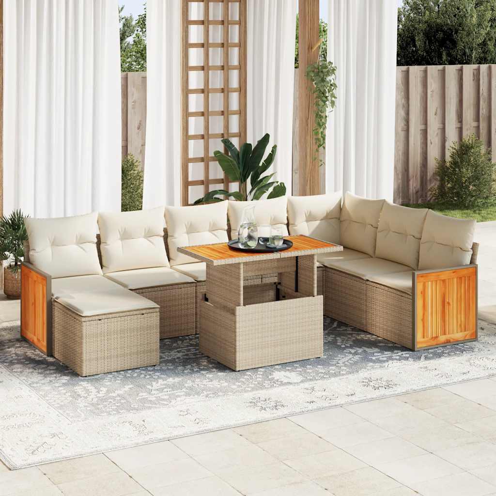 9-delige Loungeset met kussens poly rattan acacia beige – afbeelding 1