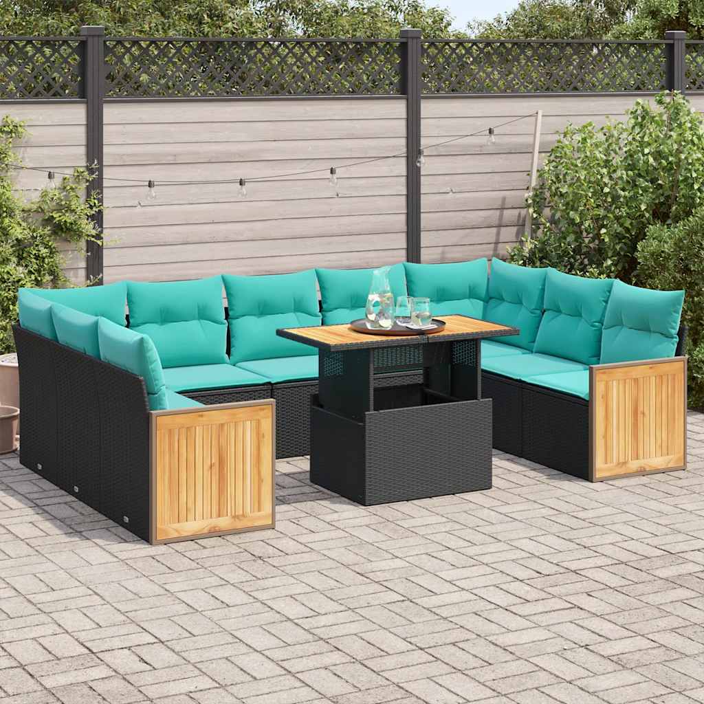 10-delige Loungeset met kussens poly rattan acacia zwart – afbeelding 1