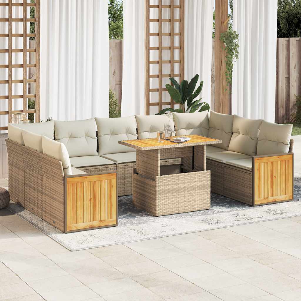 10-delige Loungeset met kussens poly rattan acacia beige – afbeelding 1
