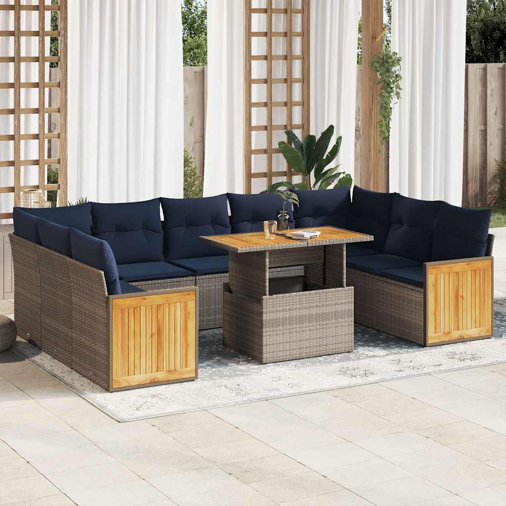 10-delige Loungeset met kussens poly rattan acacia grijs – afbeelding 1