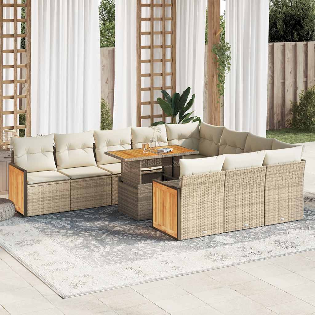 11-delige Tuinset met kussens poly rattan acacia beige – afbeelding 1