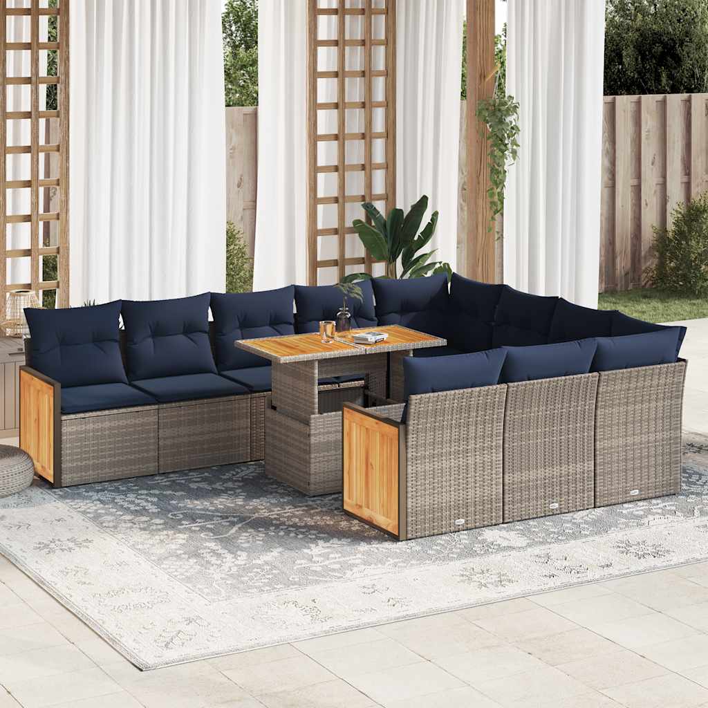 11-delige Loungeset met kussens poly rattan acacia grijs – afbeelding 1