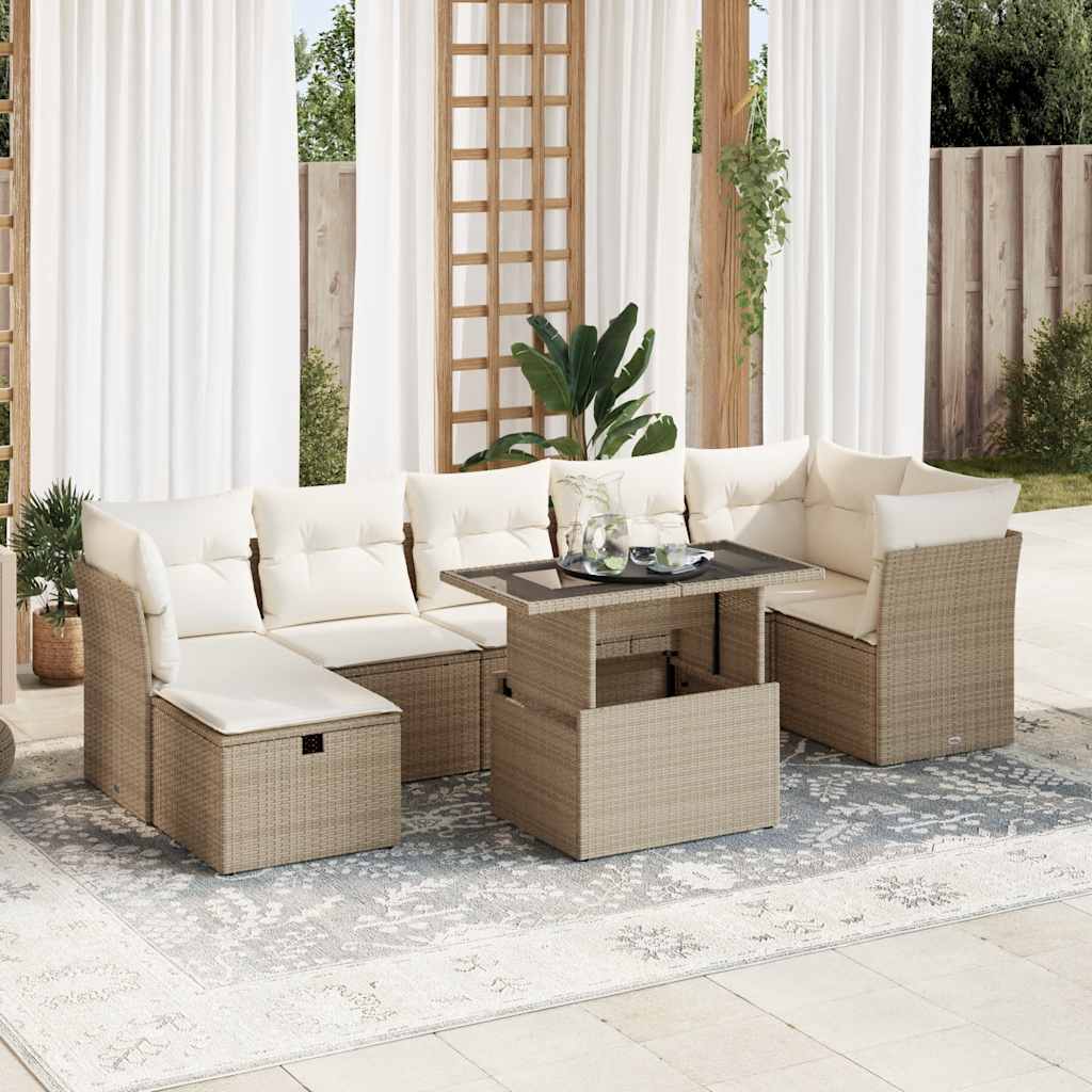 8-delige Loungeset met kussens poly rattan beige – afbeelding 1