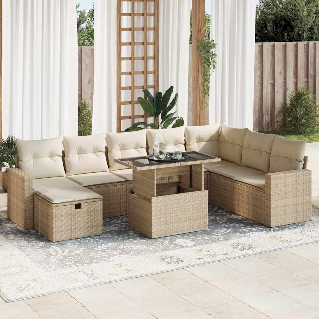 9-delige Loungeset met kussens poly rattan beige – afbeelding 1