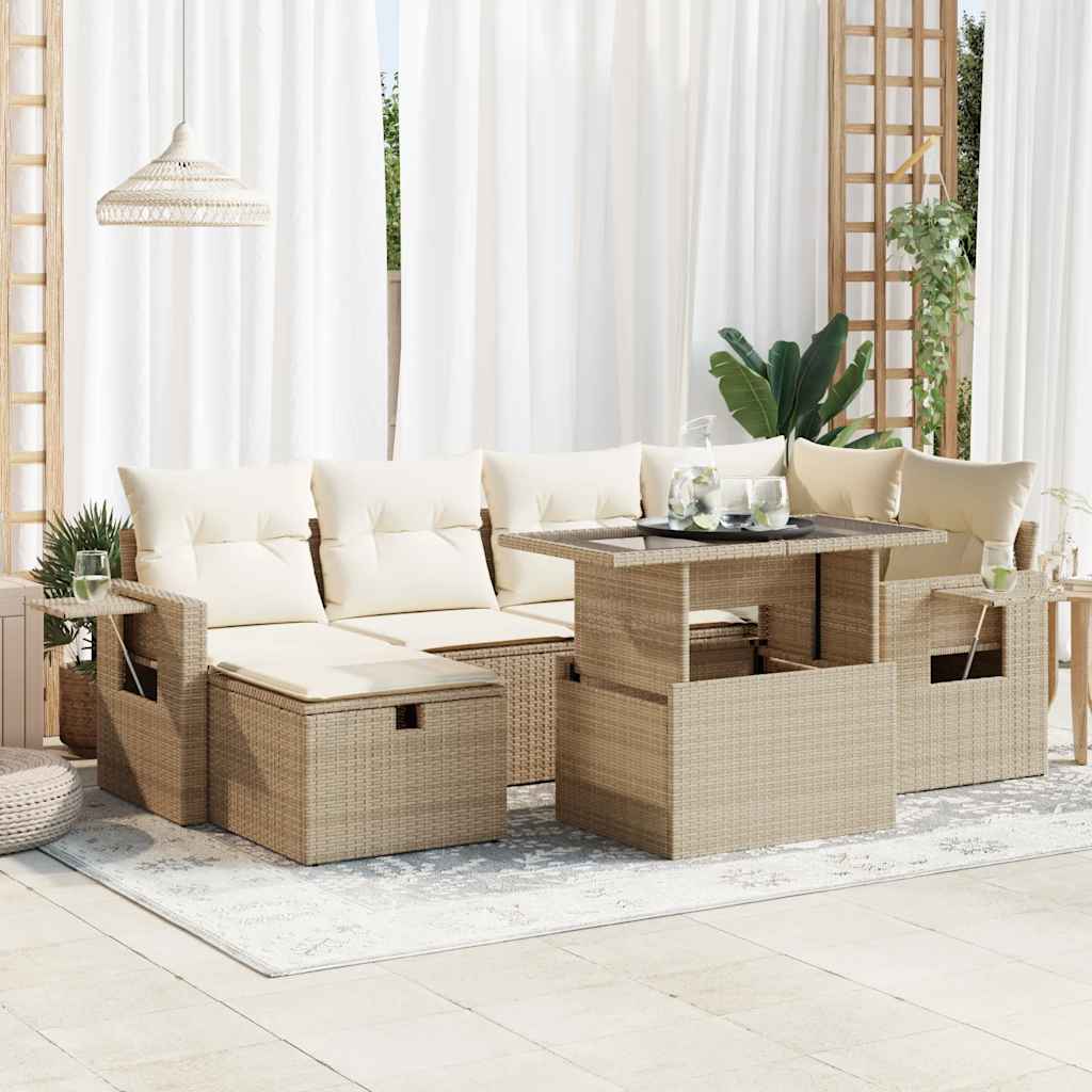 7-delige Loungeset met kussens poly rattan beige – afbeelding 1