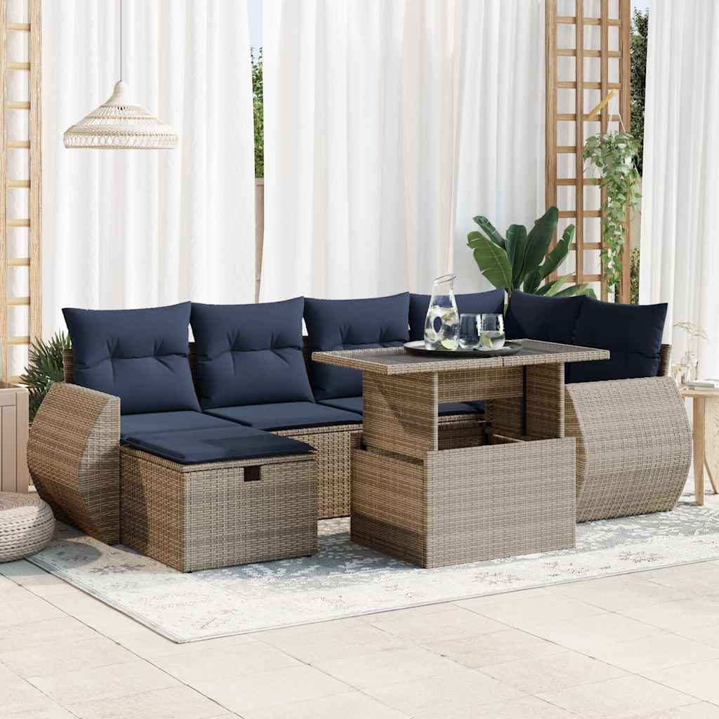 7-delige Loungeset met kussens poly rattan acacia grijs – afbeelding 1