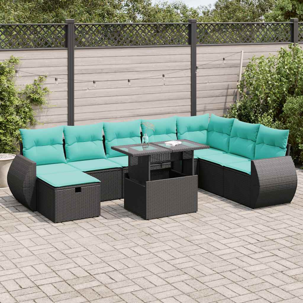 9-delige Loungeset met kussens poly rattan acacia grijs – afbeelding 1