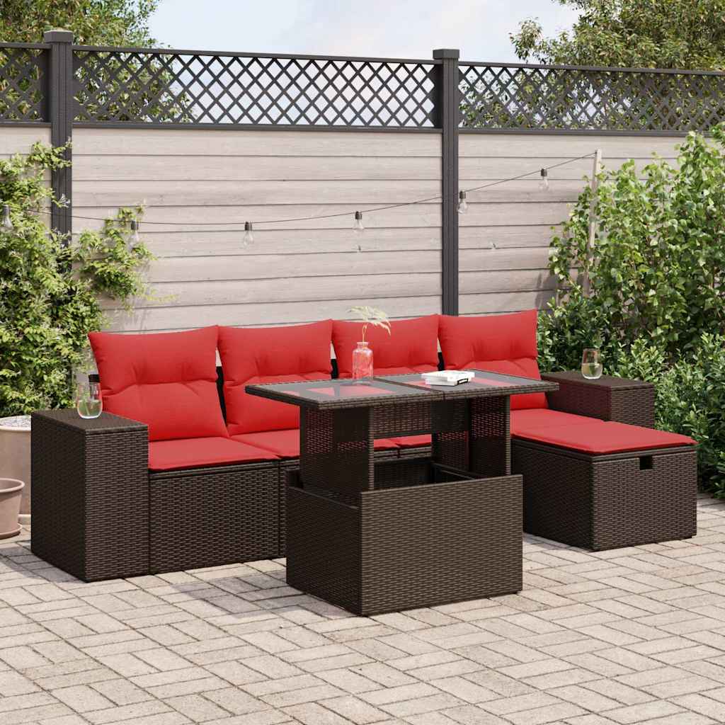 6-delige Loungeset met kussens poly rattan bruin – afbeelding 1