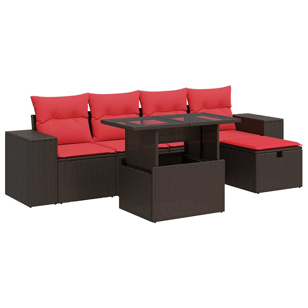 6-delige Loungeset met kussens poly rattan bruin – afbeelding 2